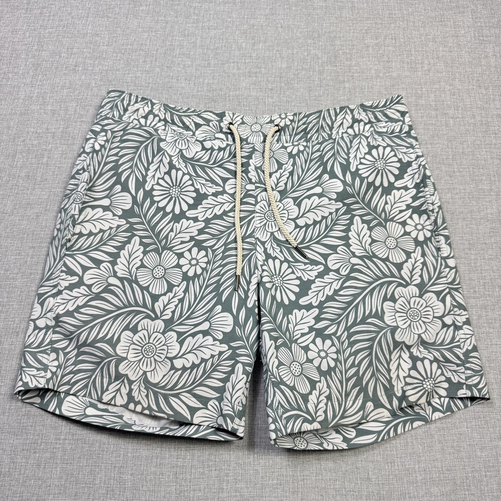 Fair Harbor Swim Trunks Shorts Mens Small Green Floral Lined Drawstring Pockets